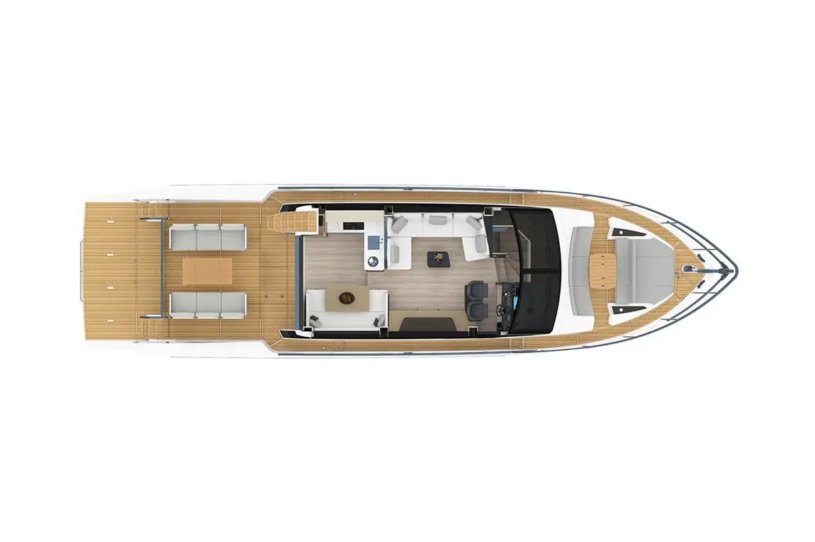 Aerial view of a modern yacht interior featuring seating areas, a helm, and a wooden deck. Sleek design, luxury elements visible.